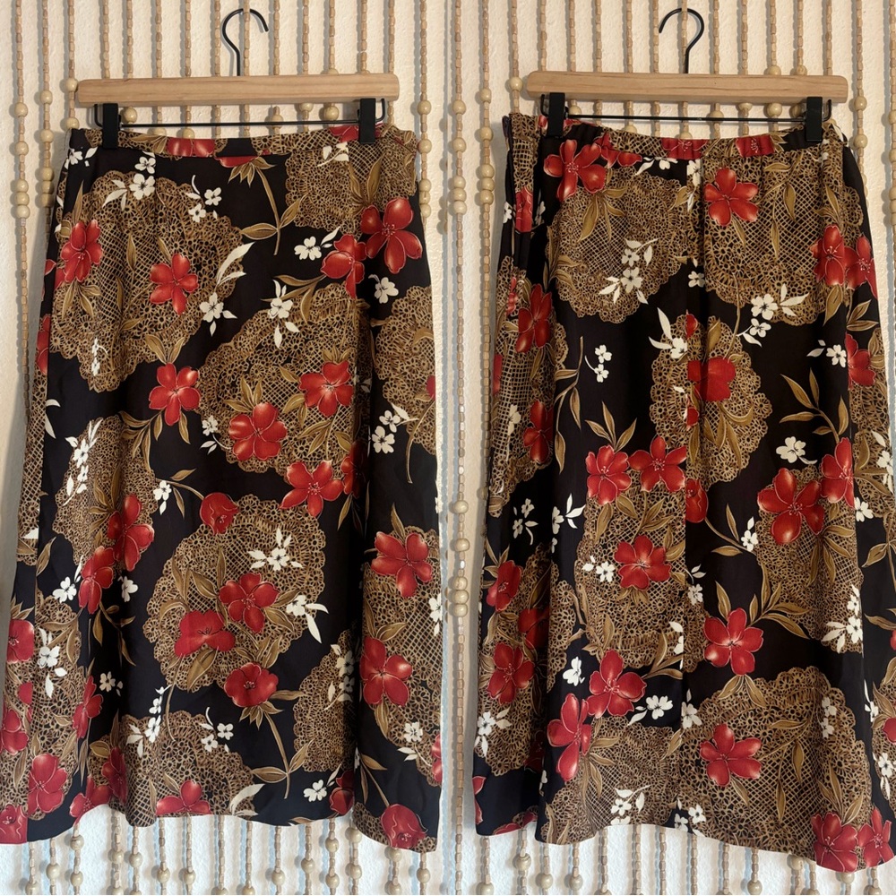 Vintage Boho Grunge Floral Ornate Lace Brown Red Wine Mom A Line Midi Skirt 14